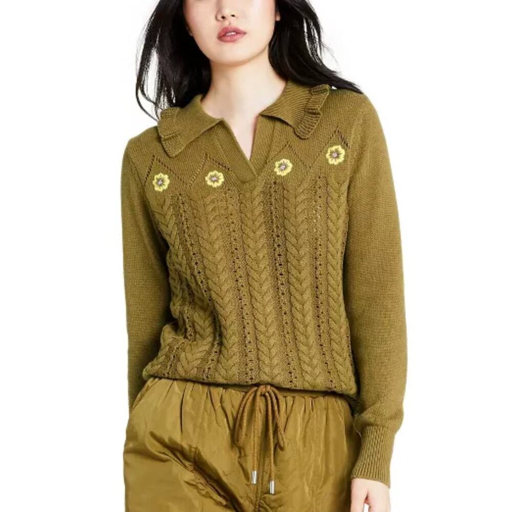 Sandy Liang x Target Floral Embroidered Collared Cable Knit Sweater Olive XL
